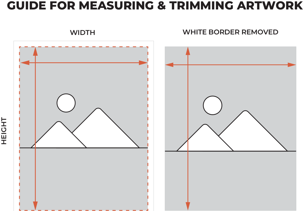 Guide for measuring & trimming artwork. Arrows show width horizontally and height vertically, with a white border removed in the right example.